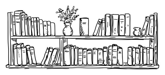 hand drawn bookshelf with arranged books and flower vase