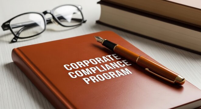 Corporate compliance program book with pen and eyeglasses