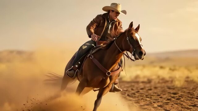 Cowboy riding galloping horse through dusty desert sunset with dramatic warm motion and rearing