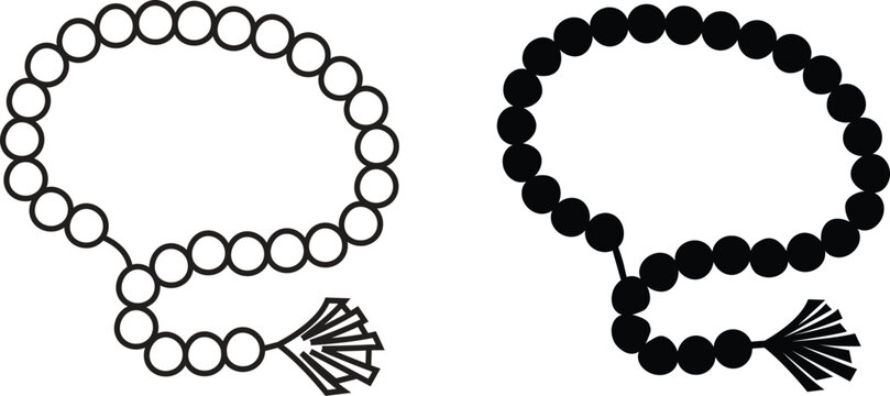 Set of Islamic prayer beads icons in black silhouette and minimalist outline styles. Traditional tasbih or subha strands for Muslim dhikr worship religious ceremony and prayer vector illustration.