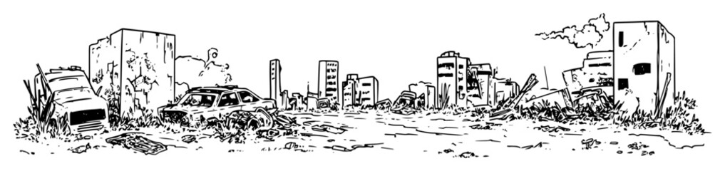 post apocalyptic city with collapsed buildings and wrecked cars