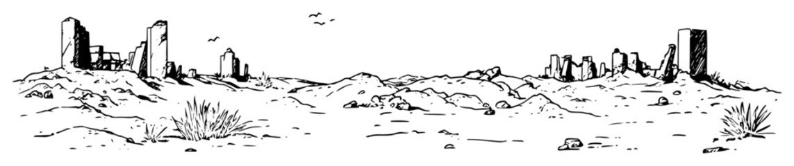 desolate landscape with ruins and dry vegetation in sketch style © Kaz