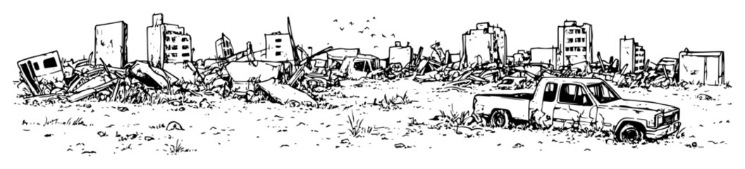 ruined cityscape with collapsed buildings and abandoned pickup truck © Kaz