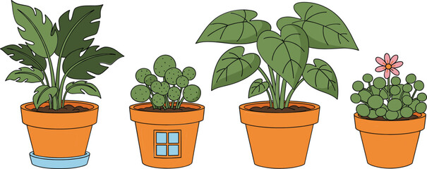 Fototapeta premium Potted indoor houseplants collection vector illustration decorative home gardening botanical design set