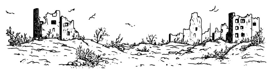 crumbling ruins of old city with scattered vegetation and birds © Kaz