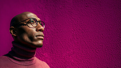 Mature African Bald man with glasses and turtleneck. Stylish black male expressing wisdom and emotional resilience. Diversity, serious, life experience. Magenta background. Copy space. Banner template