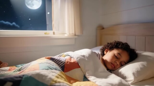 Sleeping child blanket night moon peaceful bedtime scene under cozy quilt moonlight bed comfort