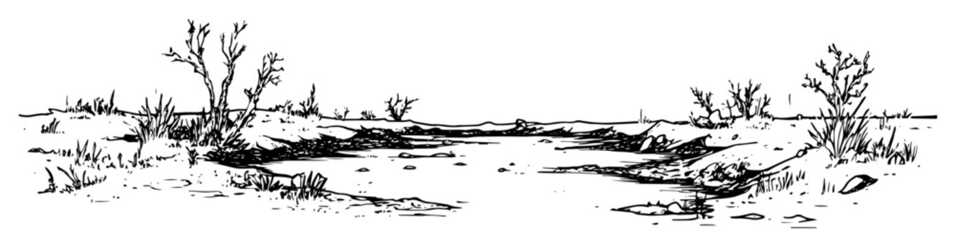 dried riverbed with sparse vegetation in post apocalyptic style