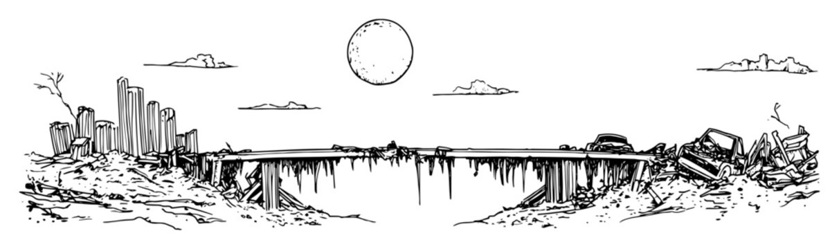 collapsed highway bridge over canyon with abandoned cars and moon