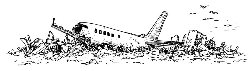 crashed airplane wreckage in debris pile in post war scene © Kaz