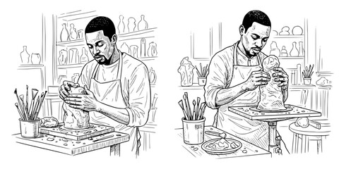 African American man sculpting clay in workshop, concept of isolated vector image on a transparent background, pencil drawing, collection, set of images  