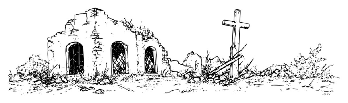 ruined chapel with broken cross and debris in desolate landscape