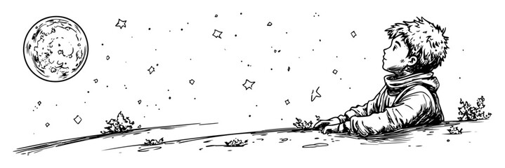 child watching full moon on night hilltop scene