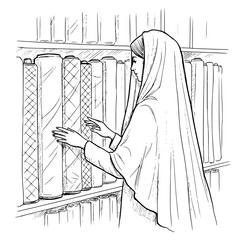 Arab woman browsing fabric store in shop, concept of isolated vector image on a transparent background, pencil drawing