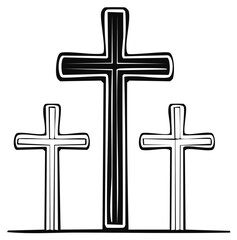 Religious Illustration of Three Crosses. Black and White line art.