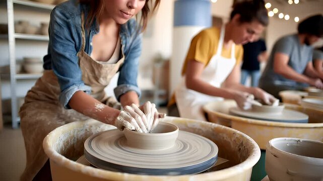 Education training class. Knowledge learning improvement study. A group of people skillfully crafting pottery on a potters wheel in a studio. The woman in the foreground.