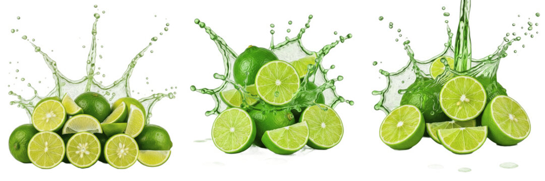 Fresh key lime with lime slices and citrus juice splash explosion isolated on white background, high speed liquid splash photography, key lime juice concept for cocktails and beverages, Citrus auranti
