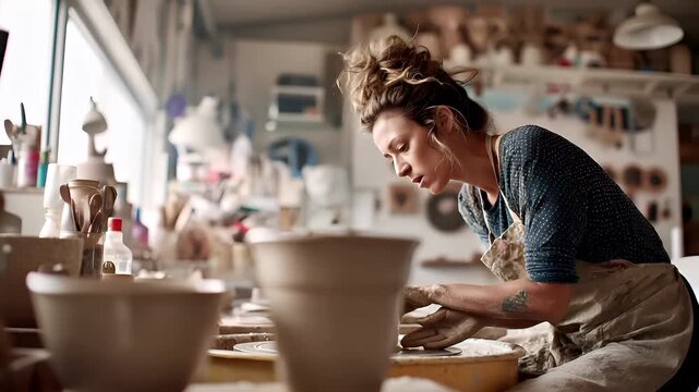 Education training class. Knowledge learning improvement study. A woman in a blue shirt and apron skillfully crafting a pottery piece on a potters wheel.