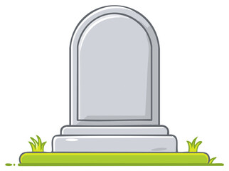 Cartoon illustration of a gray tombstone on green grass.