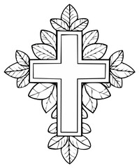 Elegant Christian cross surrounded by leafy elements a monochrome vector illustration