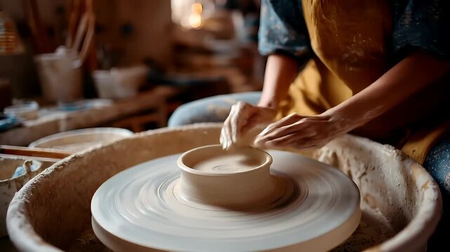 Education training class. Knowledge learning improvement study. A person skillfully shaping a pottery bowl on a potters wheel, surrounded by a blurred background.