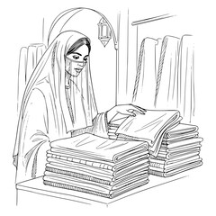Woman with veil shopping for fabrics, isolated vector image on a transparent background, pencil drawing