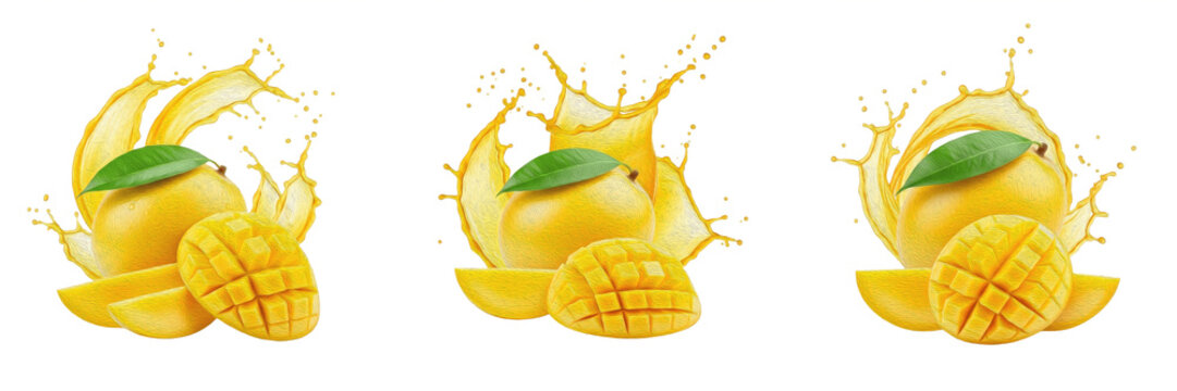 Fresh yellow mango with mango slices and tropical juice splash explosion isolated on white background, high speed liquid splash photography, yellow mango juice concept for beverages and packaging, Man