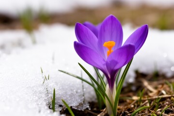 Naklejka premium Purple crocus blooming in snowy spring garden setting