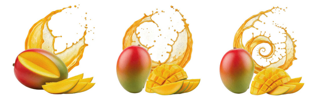 Fresh Kent mango with mango slices and tropical juice splash explosion isolated on white background, high speed liquid splash photography, Kent mango juice concept for beverages and packaging, Mangife