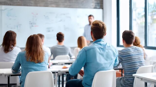 Education training class. Knowledge learning improvement study. A group of people seated in chairs attentively listening to a man standing in front of a whiteboard, writing on it with a marker.