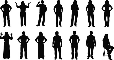People silhouettes standing poses collection, men and women gesturing hands on hips expressions, casual lifestyle body language illustration isolated © Hanif World