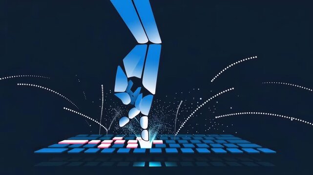 Robot hand pressing keyboard button with glowing blue effect and white sparks on dark background