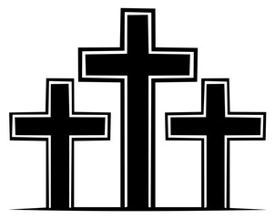 Obraz premium Three black Christian crosses symbolize faith, sacrifice, and hope, depicted in a simple, stark vector illustration against a white background