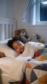 Sleeping child in cozy bed with quilt blanket pillow and stuffed animals under moonlight