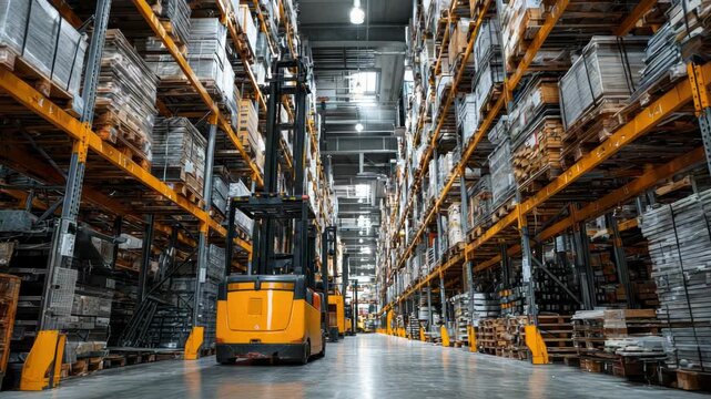 Automated forklift truck convoy moving through a modern warehouse aisle with high racks full of cargo, showcasing efficient logistics and industrial supply chain management