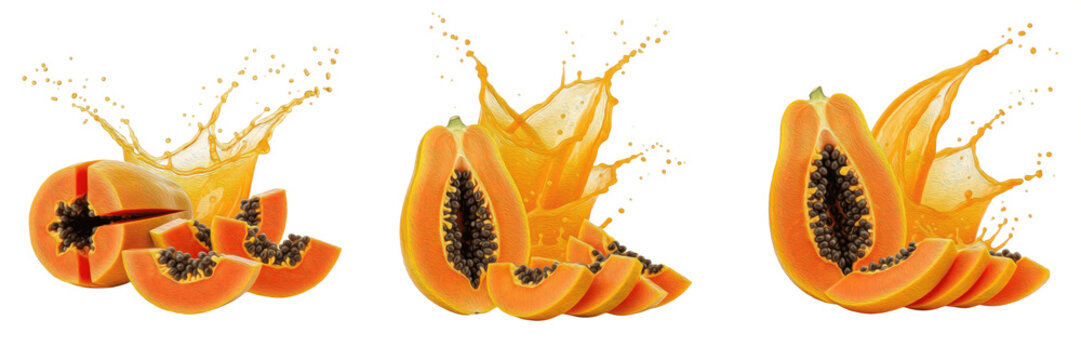 Fresh Maradol papaya with papaya slices and tropical juice splash explosion isolated on white background, high speed liquid splash photography, Maradol papaya juice concept for drinks and packaging, C