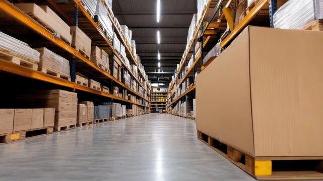  Warehouse shelves displaying cardboard boxes ready for shipment, showcasing industrial storage, logistics, and supply chain management for cargo and parcels