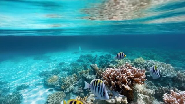 Split shot of a tropical island and an underwater view of a coral reef with Indo Pacific sergeant and butterflyfish swimming in the turquoise ocean water of French Polynesia