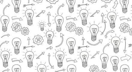 Seamless pattern featuring numerous hand-drawn incandescent light bulbs ideas, creative arrows, and interlocking mechanical gear elements repeated across the surface.