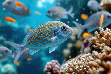 Obraz premium Striped Fish Swimming in Coral Reef Aquarium