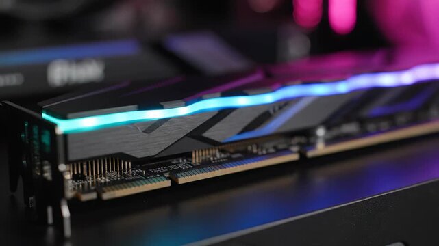 Bright, colorful lights illuminate high-speed memory modules in a sleek gaming setup. The vivid display reflects the energy of gaming and technology.