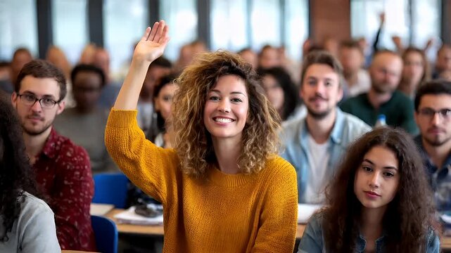 Education training class. Knowledge learning improvement study. A woman in a yellow sweater smiling and raising her right hand in a classroom full of students. The background is slightly blurred.