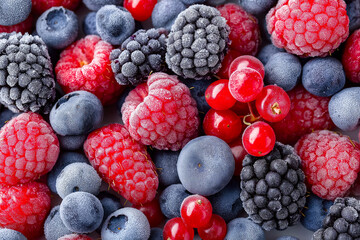 A variety of fresh berries such as blueberries, raspberries, and blackberries are closely arranged, highlighting their vibrant colors and textures