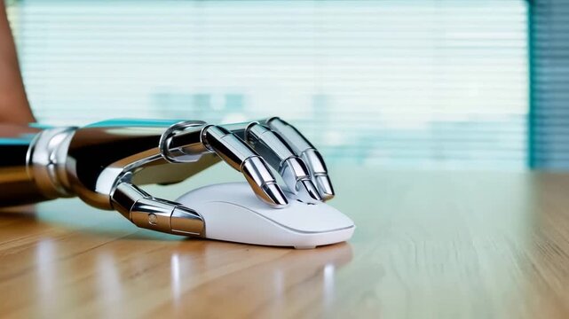 Robotic hand holding a white computer mouse on a wooden desk in front of a window  technology and automation concept
