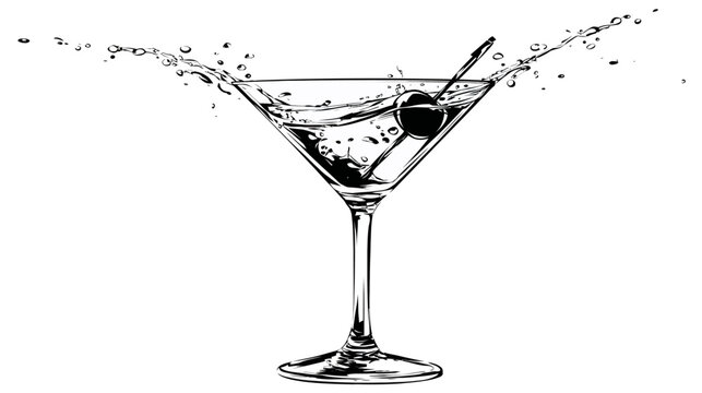 Elegant martini cocktail with splash and olive, vector illustration. Classic alcoholic beverage drawing on white background.