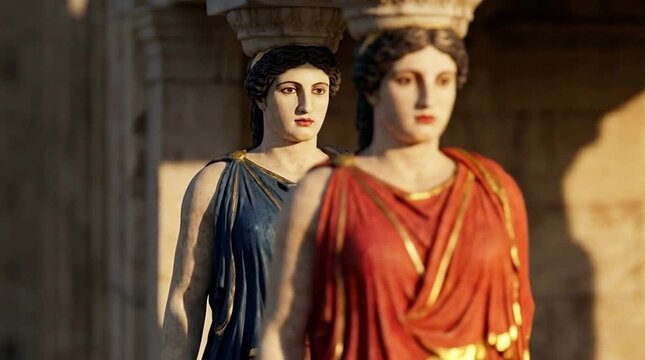 Cinematic recreation of classical Caryatids aligned inside ancient Greek architecture