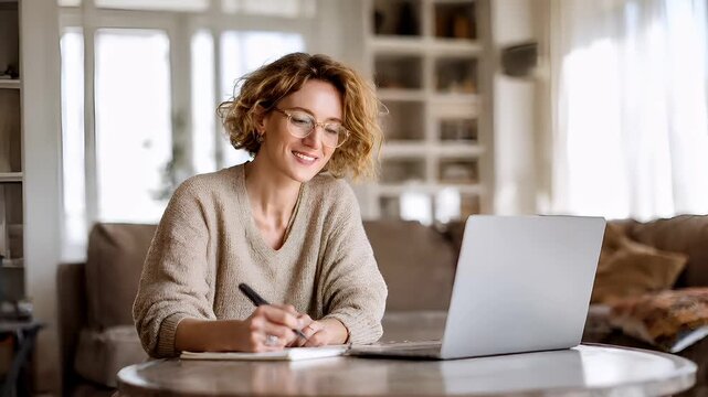 Education training class. Knowledge learning improvement study. A woman wearing glasses, seated at a table with a laptop and pen, writing on a notepad. The background is slightly blurred.