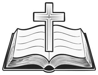 Open book with cross symbol illustration representing faith and religion concept.