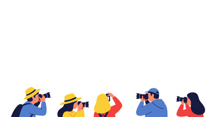 Diverse group of people taking photos with cameras, illustration, copy space