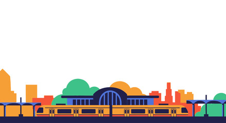 Modern Train Station with Yellow Train and Colorful City Skyline © Alienmarsh